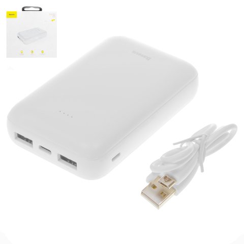 Power bank Baseus X10, 10000 мАч, USB тип C вход 5В 2,1А, micro USB тип B вход 5В 2,1А, 2 USB выход 5В 1А 2,1А, 92*61*22 мм, белый, #PPJAN A02