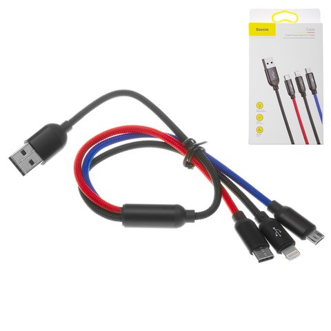 USB Cable Baseus Three Primary Colors, USB type A, USB type C, micro USB type B, Lightning, 30 cm, 3.5 A, black  #CAMLT ASY01