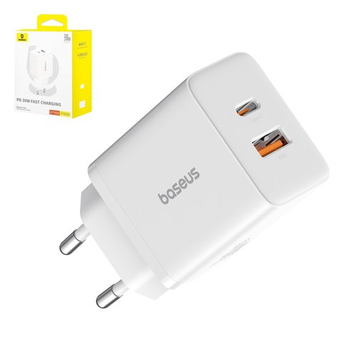 Сетевое зарядное устройство Baseus Cube, 30 Вт, Power Delivery PD , Fast Charge, белый, 2 порта, #P10111404213 00