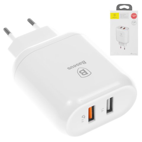 Mains Charger Baseus BS EUQC01, 23 W, Quick Charge, white, 2 outputs  #CCALL AG02