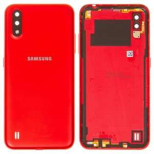 Задня панель корпуса для Samsung A015 Galaxy A01, червона, із склом камери, з боковою кнопкою