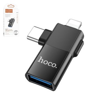 Адаптер Hoco UA17, USB тип C, USB тип A, Lightning, черный, 2 in 1, #6942007602303
