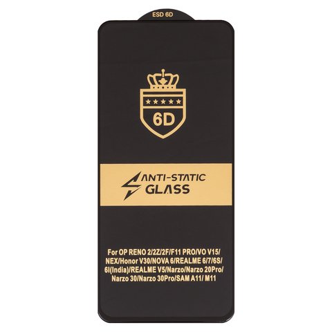 Защитное стекло ESD 6D для Realme 6, 6i, 6s, 7 Global ; Oppo F11 Pro, Reno2, Reno2 Z; Samsung A115 Galaxy A11, M115 Galaxy M11, совместимо с чехлом, Full Glue, Anti Static, без упаковки , черный