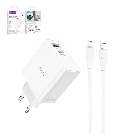 Мережевий зарядний пристрій Hoco C113A, 65 Вт, Power Delivery PD , білий, з кабелем USB тип C до USB тип C, 2 порта, GaN, #6931474790927